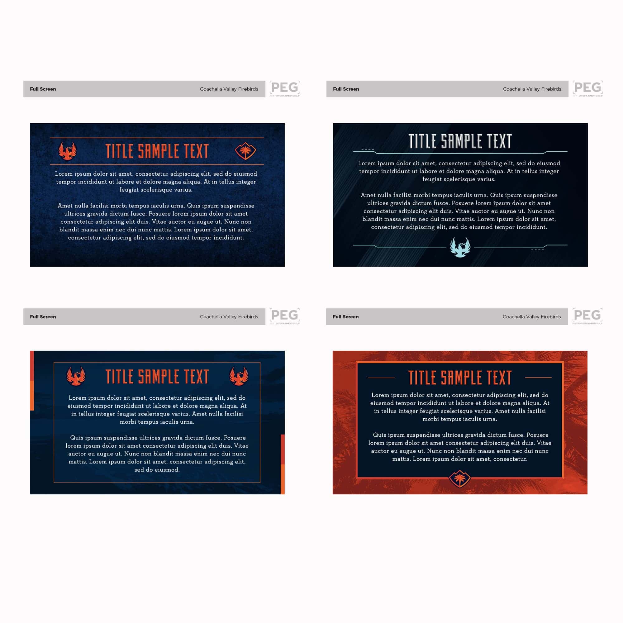 Storyboard mockups for the Coachella Valley Firebirds Full Text Page graphics round shape